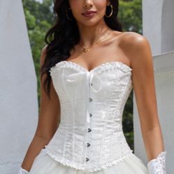 SMALL WHITE Bustier Corset Top for Women | Overbust Lace Up Waist Cincher Shapewear Lingerie