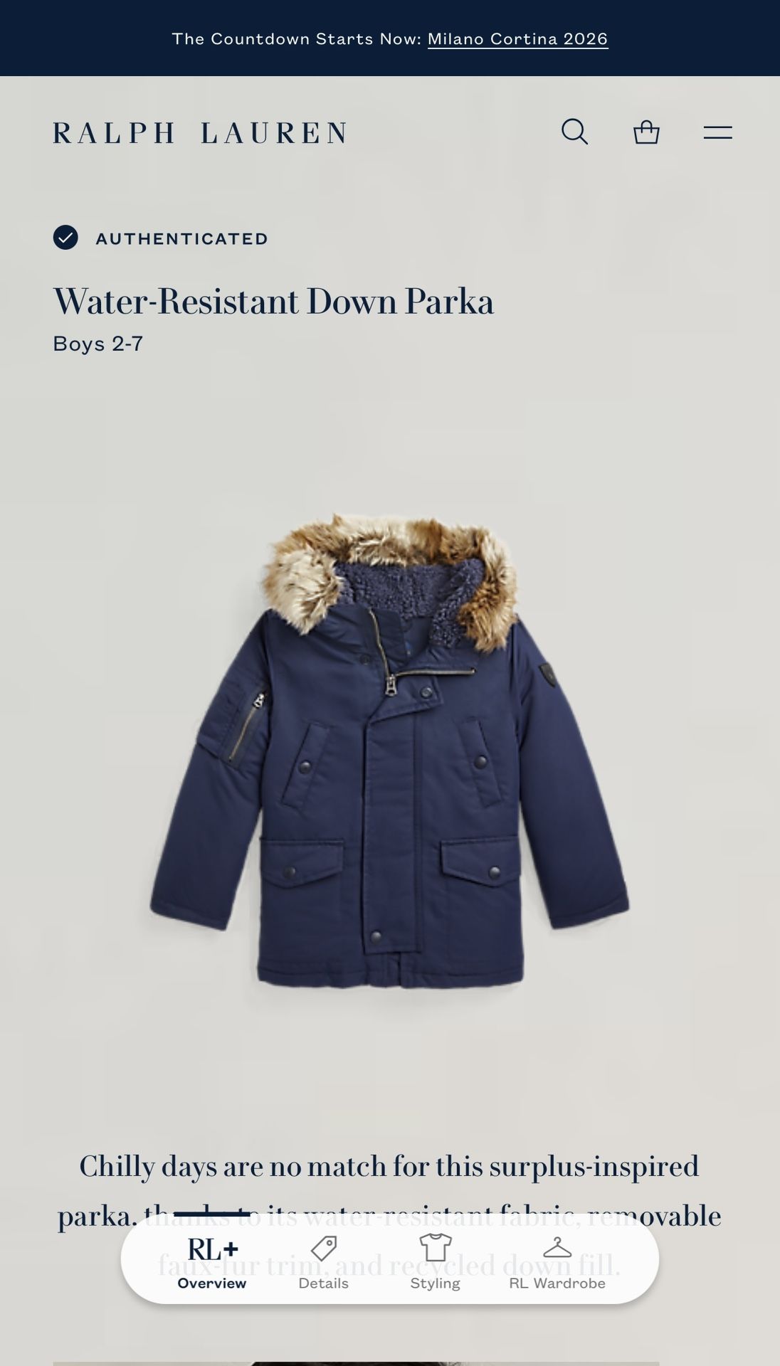 Kids Polo By Ralph Lauren Water-Resistant Down Parka Coat Size 7, Navy