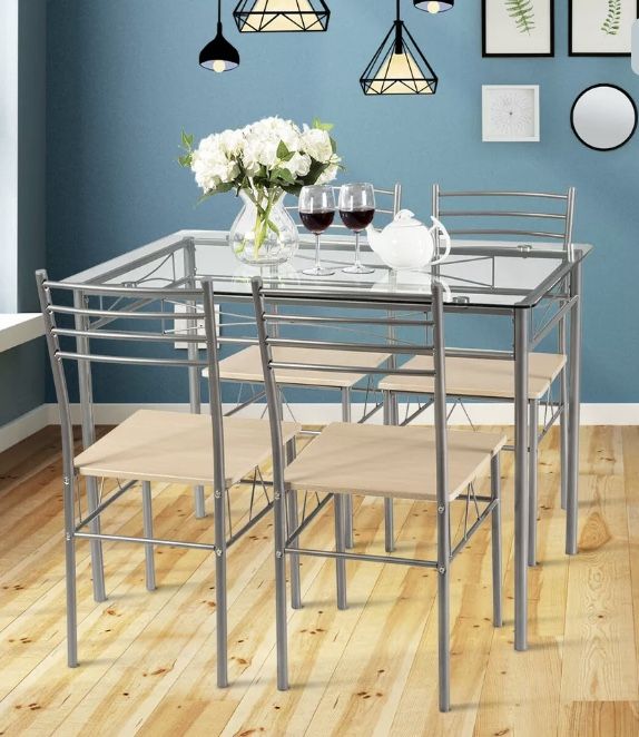 5 Piece Dining Set Table And 4 Chairs Glass Top Kitchen Breakfast Furniture New FREE SHIPPING