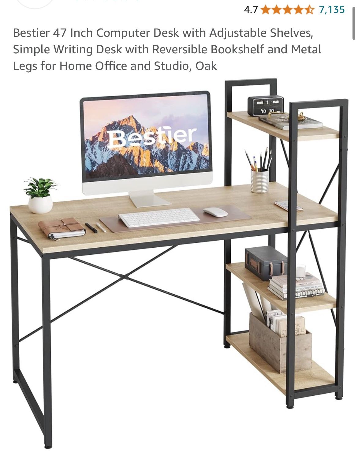 Bestier 55” Computer Desk with Adjustable Shelves, Simple Writing Desk with Reversible Bookshelf and Metal Legs - Oak