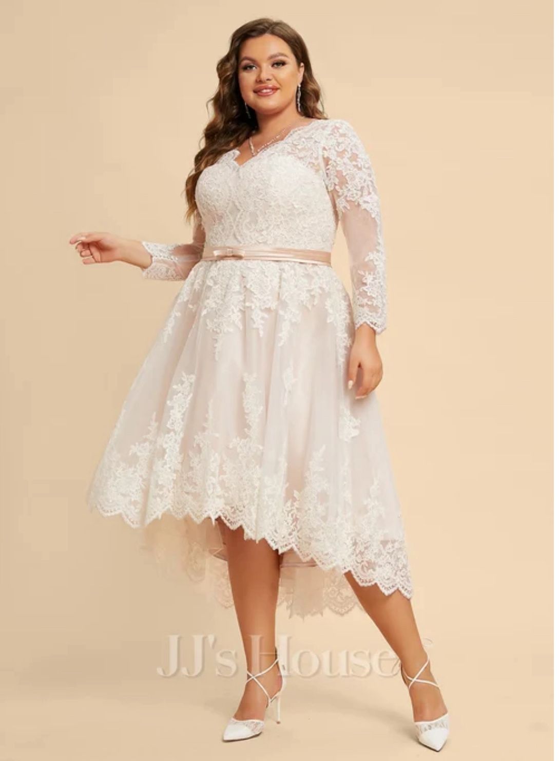 A-line V-Neck Asymmetrical Satin Tulle Lace Wedding Dress