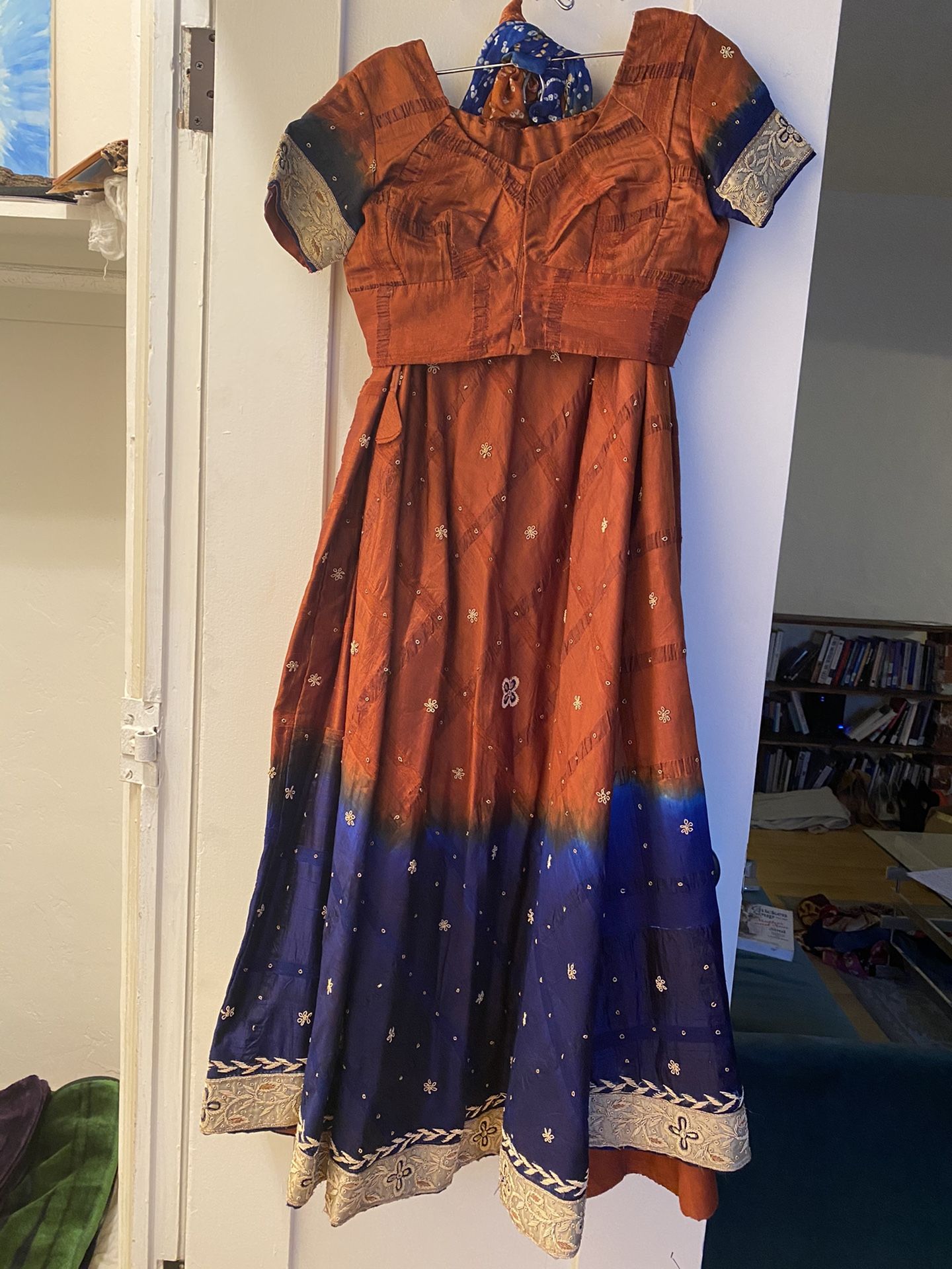 Embroidered Lehenga in Orange, Gold & Blue