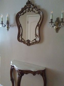 White Marble top console with curved mirror