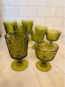 Vintage Indiana Glass Avocado Green Pedestal Glassware Set – 8 Pieces