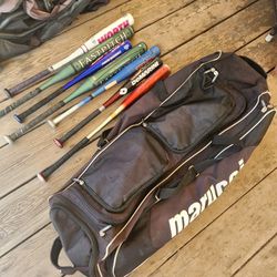 Baseball Softball Bats And Rolling Bag 