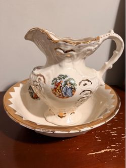 ANTIQUE GEORGE AND MARTHA WASHINGTON WASH BASIN And WATER PITCHER