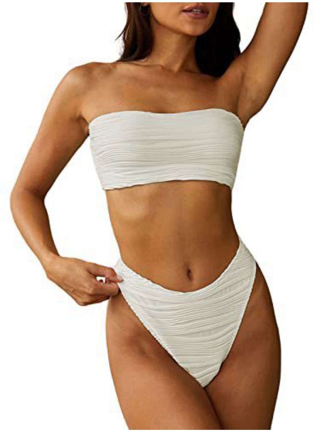 ZAFUL Women Strapless Textured Bandeau Bikini 2 Piece Swimwear Cheeky Solid Lace up Bathing Suits(1-White-CH,S)