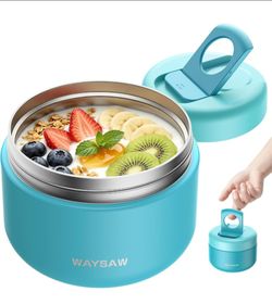 14 oz Kids Thermo for Hot Food, Leakproof Insulated Vacuum Jar/Blue. 316 stainless steel wide mouth buckle lid BPA free pasta soup small hand friendll