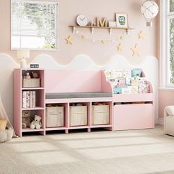 67" Kids Reading Nook with Bench, Kids Bookshelf and Bookcase with Seat Cushion and 6 Storage Cubbies, Toy Storage Box on Wheels, Toy Chest for Playro