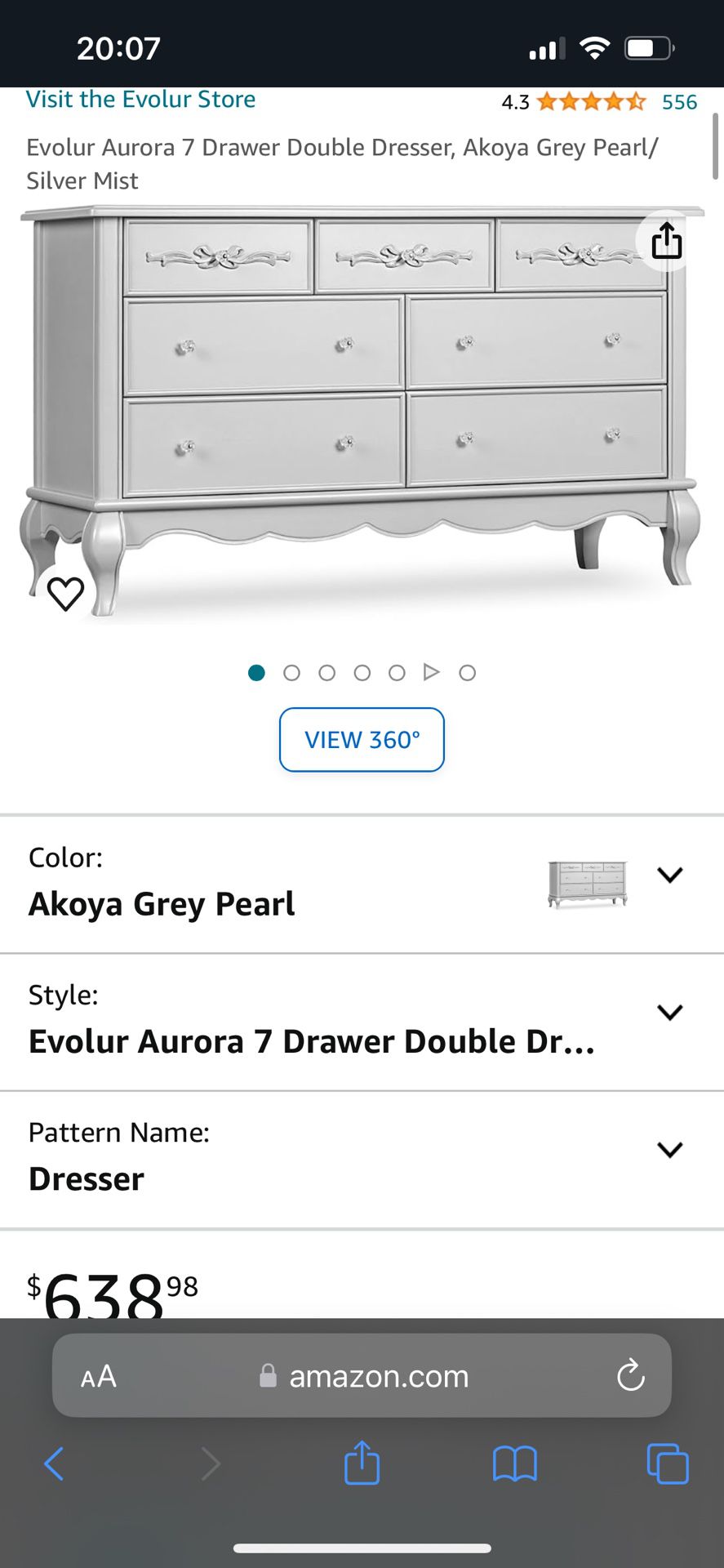 Evolur Aurora 7 Drawer Double Dresser 