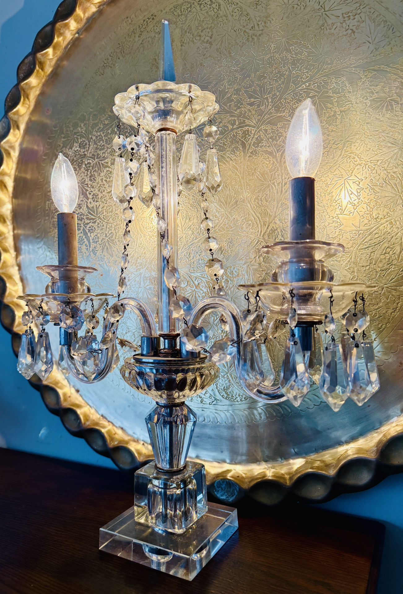 Vintage Antique Crystal Candelabra Lamp, Hollywood Regency