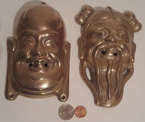 Vintage Set of 2 Brass Metal Wall Hangings, Chinese Man, 7" x 4 1/2", Heavy Duty, Weighs 3 Pounds, Wall Decor, Home Decor, Shelf Display