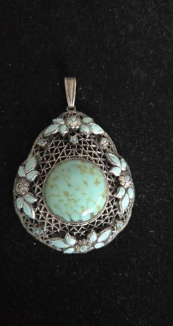 Vintage Filigree Glass Turquoise, Enamel Pendant