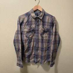 Men’s Small RVCA Khaki Light Blue Brown Long Sleeve Button Up Flannel Shirt