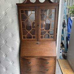 Antique 1940’s circa solid wood tall display curio cabinet secretary desk, 3-drawer dresser w/key,  claw Feet