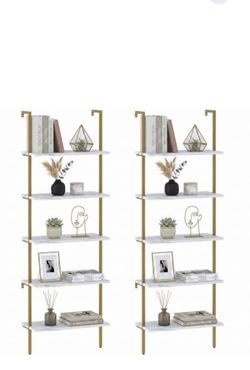 aboxoo 5-Tier Ladder Shelf White Marble Gold Frame Set of 2