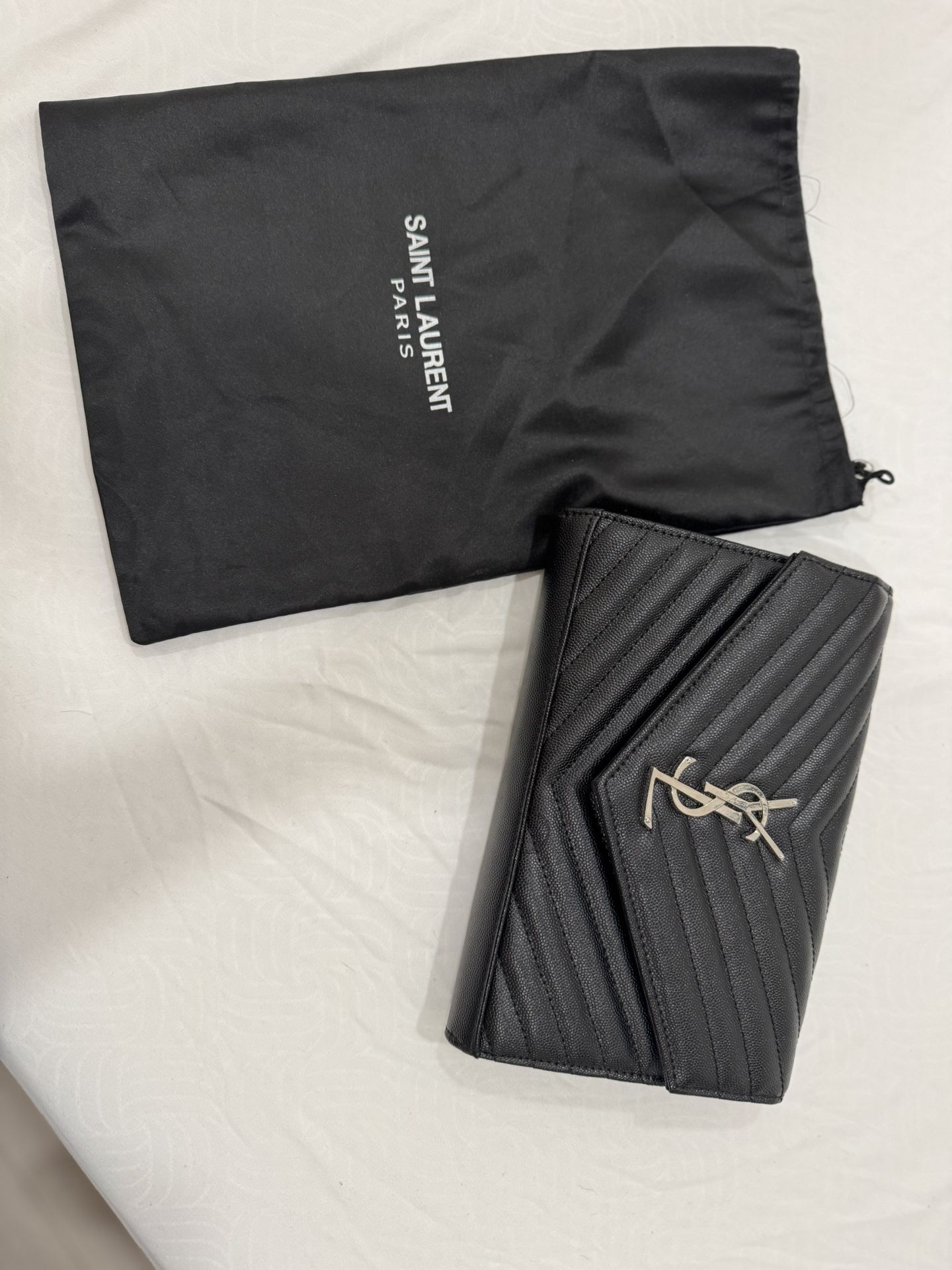 SAINT LAURENT Cassandre Envelope Black/Silver Grained Leather Chain Wallet