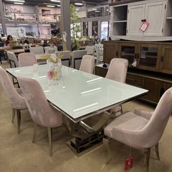 Light Pink White Glass 7-piece Dining Room Set 