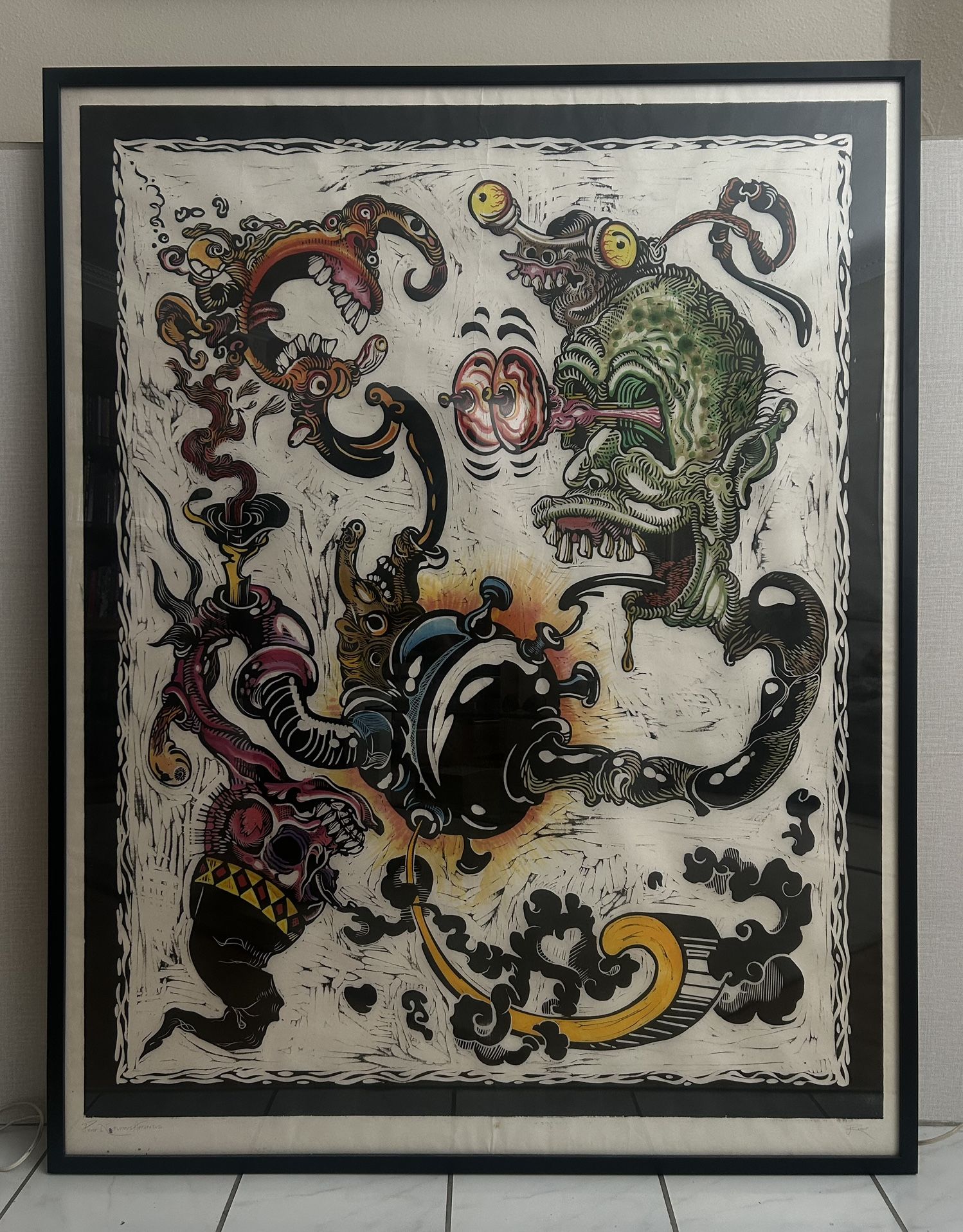 Giant Unique Hand Colored Lino Cut Print. Lowbrow Juxtapoz Rat Fink Monster Hot Rod