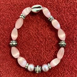 Pink Pearlized Beaded Stretch Anklet Black Crystal Accents Seashell Glass Metal Beads Handmade