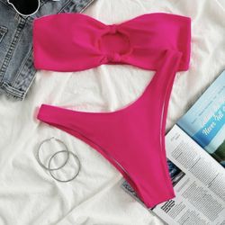 Solid Bikini Set Knot Decor Bandeau Top & High Cut Bottom 2 Piece Bathing Suit