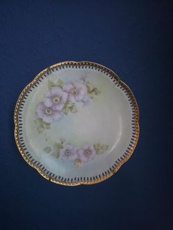 Reticulated Hand-Painted Rose Plate, Pink Roses, Gold Beaded Rim