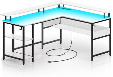 Computer Desk L Shaped 59.4" with LED Lights and Power Outlets