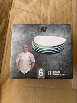 Robert Irvine 8" Ceramic Dinner or Salad Plates Set OF 6 Blues White Retired