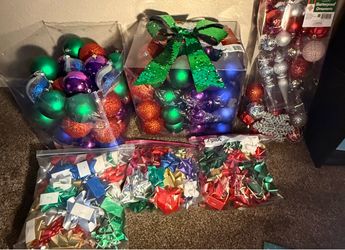 Large Lot of Christmas Ornaments and Gift Bows