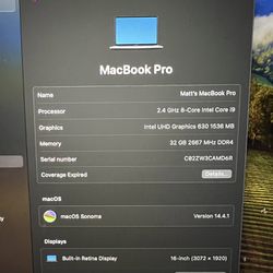 MacBook Pro 16 Inch With I9 2.4Ghz 32gb Ram 512gb Ssd 