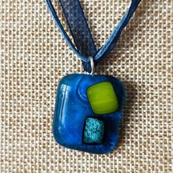 Blue Fused Glass Pendant Necklace With Free Blue Stud 