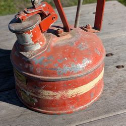 Vintage Red Metal Gasoline Can with Handle and Spout, Underwriters Laboratories Mark, 9"

