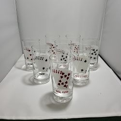 Highball Glasses Showing Winning Poker Hands Complete Set Of 8 - MCM 60's (HS)