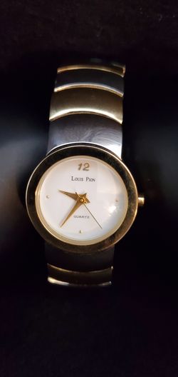 From Paris LOUIS PION luxury woman's watch with gold and silver tone open stretchable bangle bracelet new battery