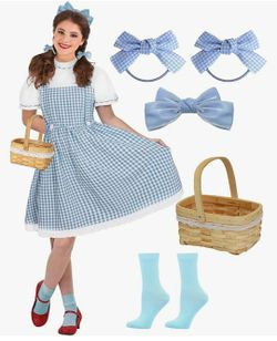 Women's Puff Sleeve Blue Gingham Dress with Bows Socks Wicker Basket Halloween Book Character Costumes for Adults, Medium 

Costume for Dorothy Gale f