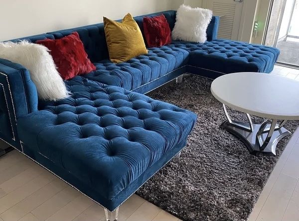 Navy Blue Velvet U Shape Sectional Sofa Couch