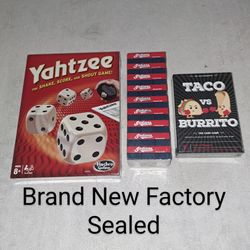 3 Brand New Factory Sealed Games All For 1 Price (Yahtzee, Taco Vs Burrito Card Game, & Cleveland Indians Jenga)