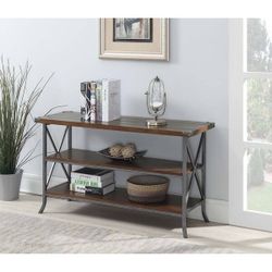 New in Box Modern Dark Walnut/Slate Gray Wooden and Metal Console Table/46-65"TV Stand/Bookcase