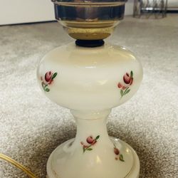 Vintage Floral Dainty Milk Glass Lamp With Brass Accents 