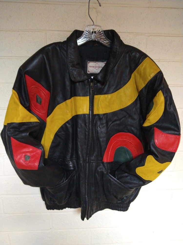 LEATHER JACKET GENUINE, SIZE LARGE, WENABE LEATHER MART, IN GREAT CONDITION.