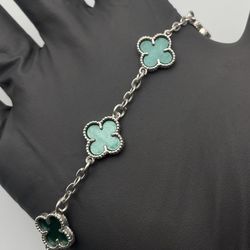 Solid 925 Sterling Silver Green Clover 7” Bracelet