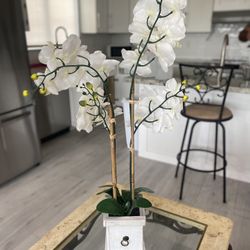 Farmhouse Style White Realistic Orchid In Wood Flower Pot - Beautiful!!