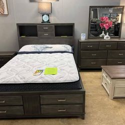 Caitbrook Gray Bookcase Storage Platform Bedroom Set Queen Or King Set Bed, Dresser, Mirror, Nightstand, Chest 