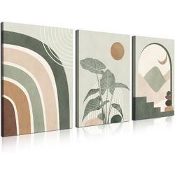 ELSGGZY Boho Wall Art Abstract Canvas Prints Mid Century Neutral Framed Set of 3 Geometric Plant Paintings Modern Bohemian Pictures Posters Wall Decor