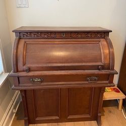 Antique Walnut Roll-top Secretary With Side Drawers