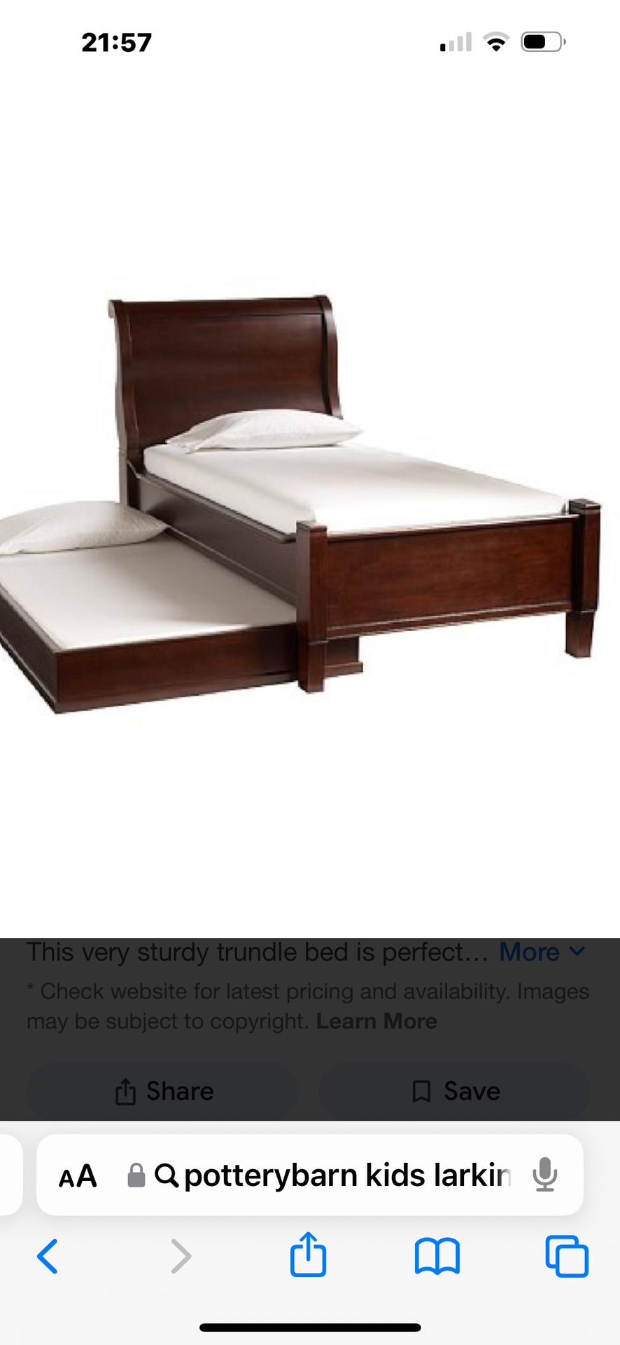 Pottery Barn Kids Larkin Sleigh Bed , Trundle And Nightstand In Espresso