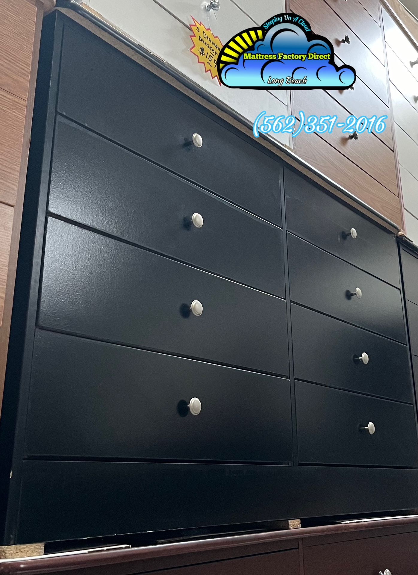 Brand New Black Assembled Wide Eight Drawer Dresser