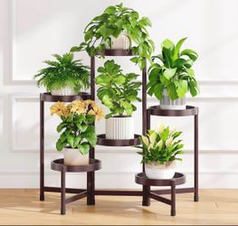 6 Tier Folding Plant Stand Indoor Outdoor with Plastic Tray, Tiered Corner Flower Holder