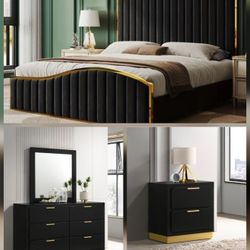 4 PC KING BEDROOM SET NEW IN BOX (MATTRESS AND CHEST SOLD SEPARATELY)