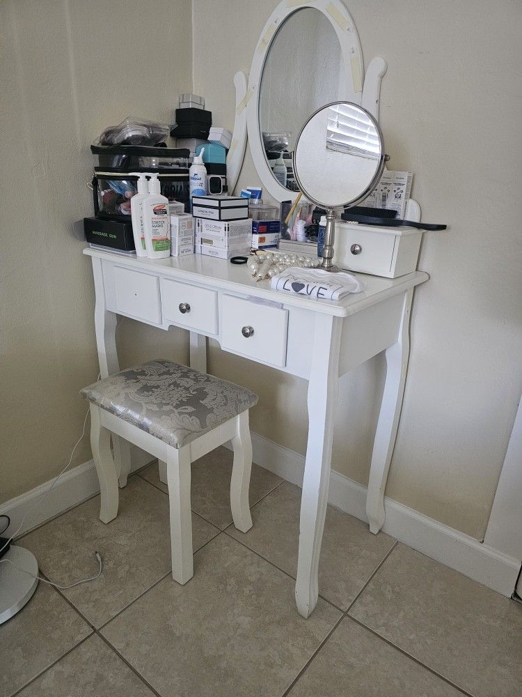 White Vanity Makeup Table Set w/ Oval Mirror & Padded Stool